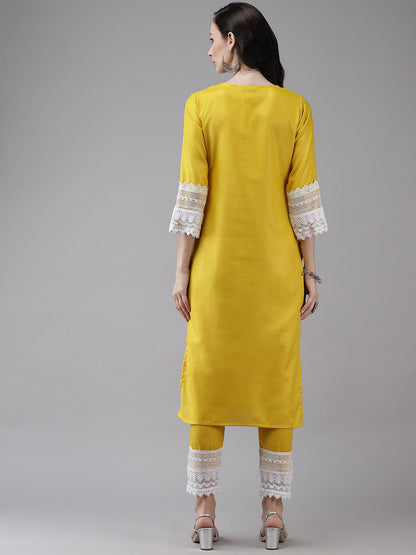 Women's Yellow Solid Kurta & Trousers With Lace Insert Detail