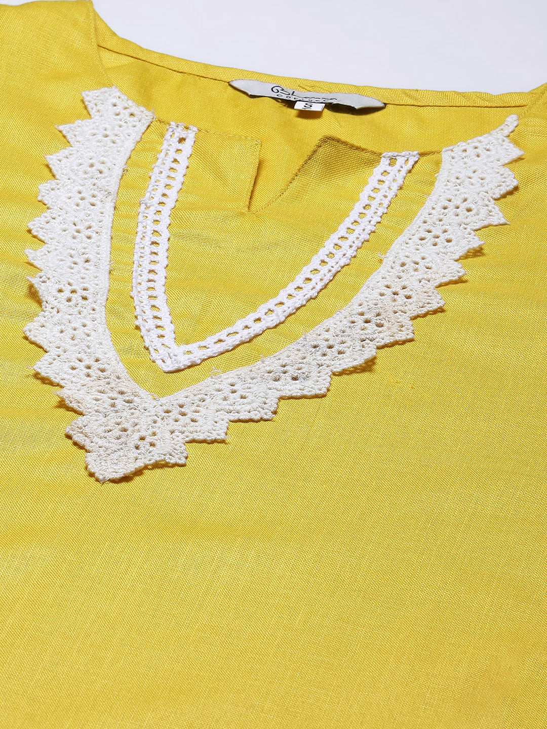 Women's Yellow Solid Kurta & Trousers With Lace Insert Detail