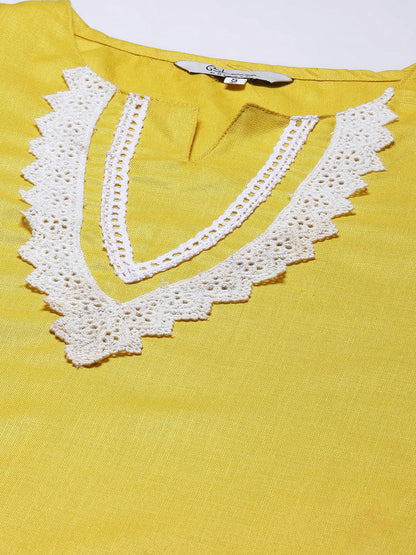 Women's Yellow Solid Kurta & Trousers With Lace Insert Detail