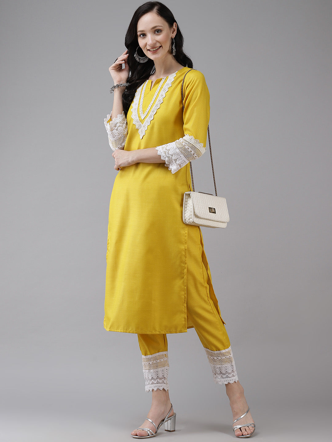 Women's Yellow Solid Kurta & Trousers With Lace Insert Detail