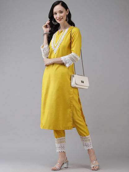 Women's Yellow Solid Kurta & Trousers With Lace Insert Detail