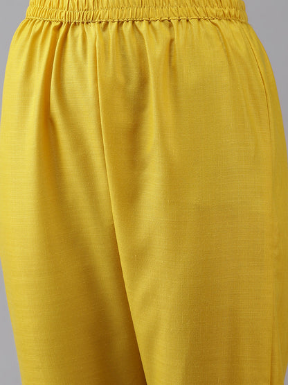 Women's Yellow Solid Kurta & Trousers With Lace Insert Detail