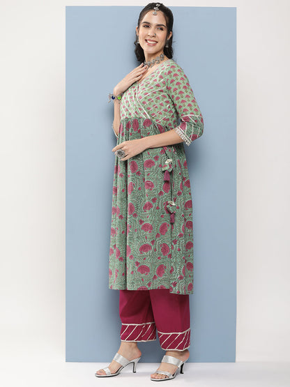 Women's Olive Green Floral Print High-Slit Kurta With Gotta Patti Details With Pink Solid Palazzos