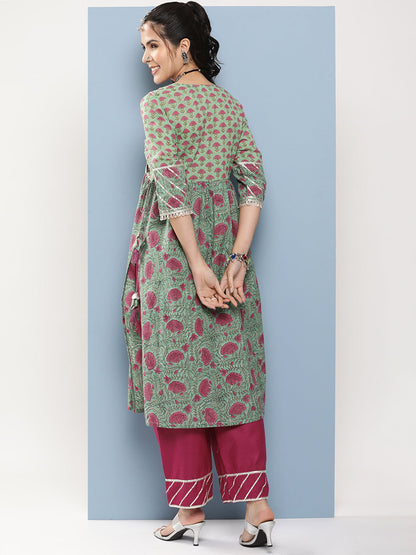 Women's Olive Green Floral Print High-Slit Kurta With Gotta Patti Details With Pink Solid Palazzos