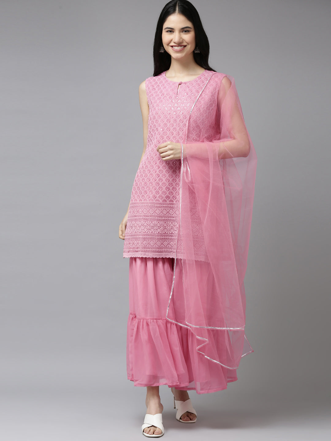 Women's Pink Embroidered Kurta With Sharara With Dupatta