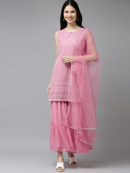 Women's Pink Embroidered Kurta With Sharara With Dupatta