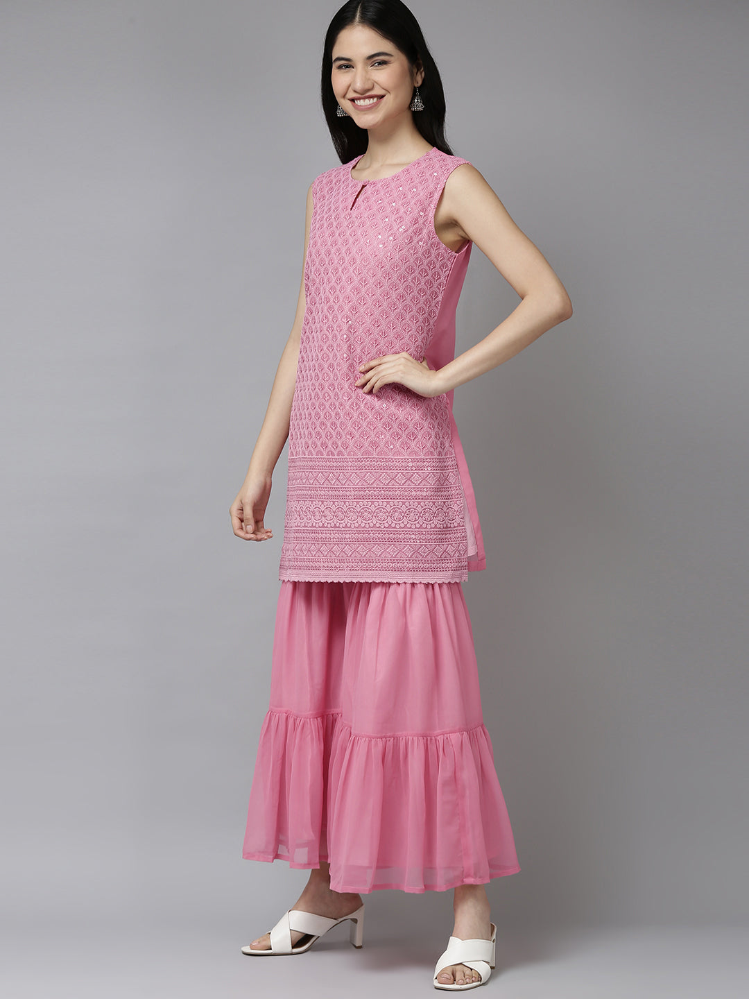 Women's Pink Embroidered Kurta With Sharara With Dupatta