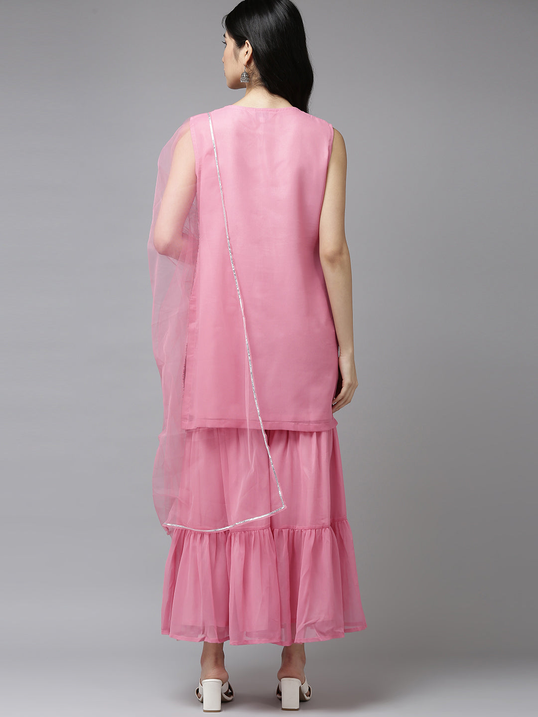 Women's Pink Embroidered Kurta With Sharara With Dupatta