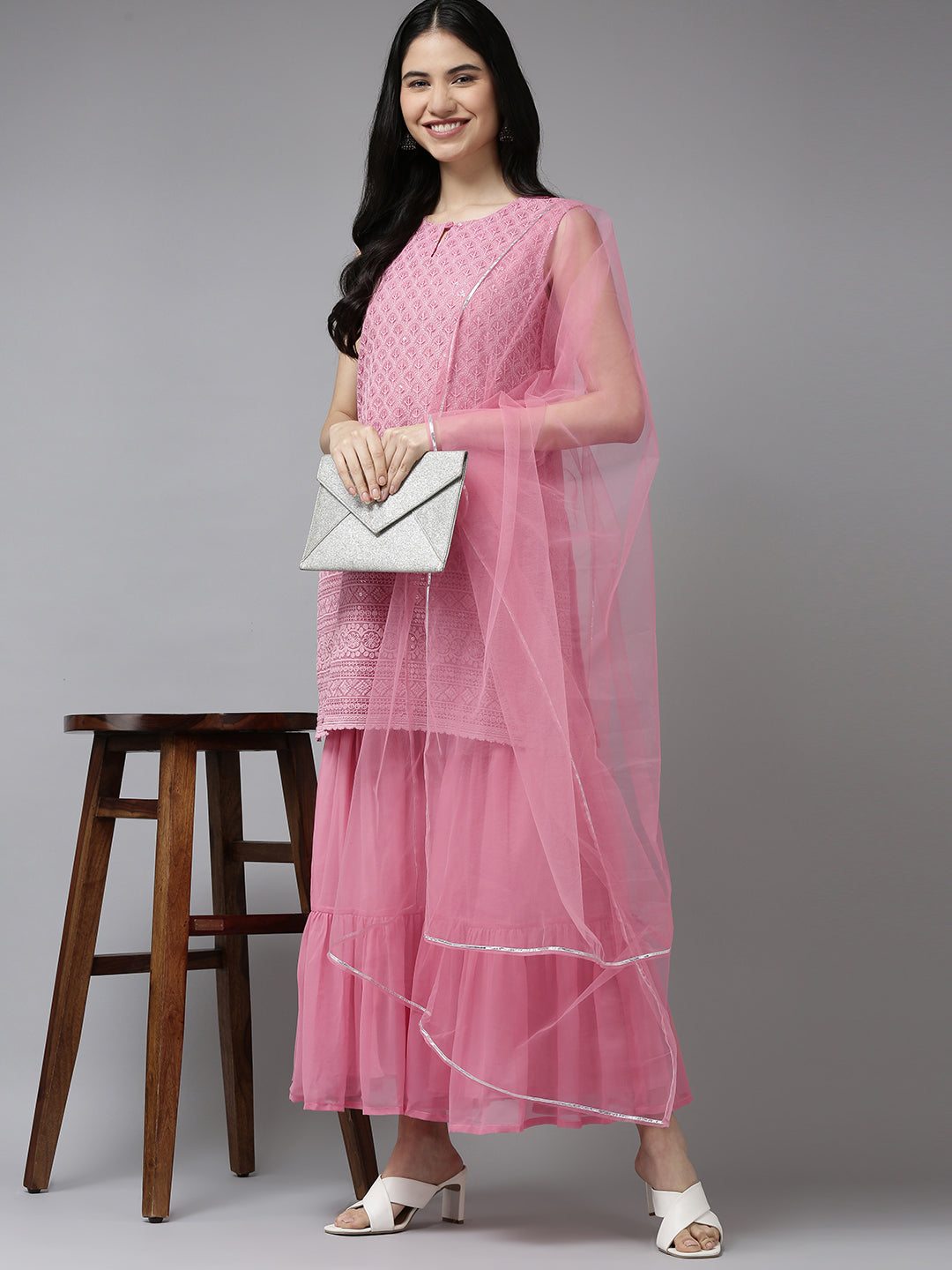 Women's Pink Embroidered Kurta With Sharara With Dupatta
