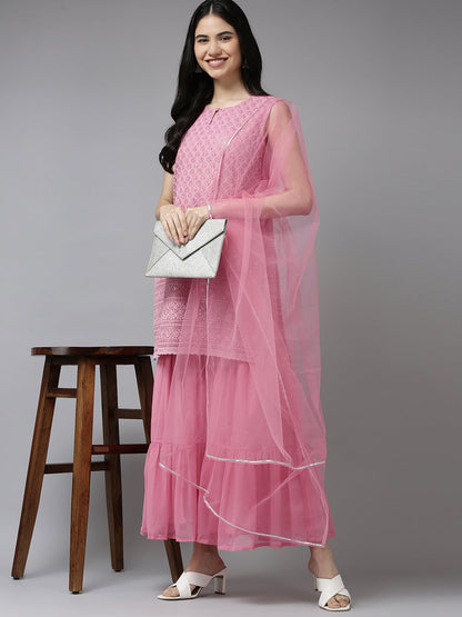 Women's Pink Embroidered Kurta With Sharara With Dupatta
