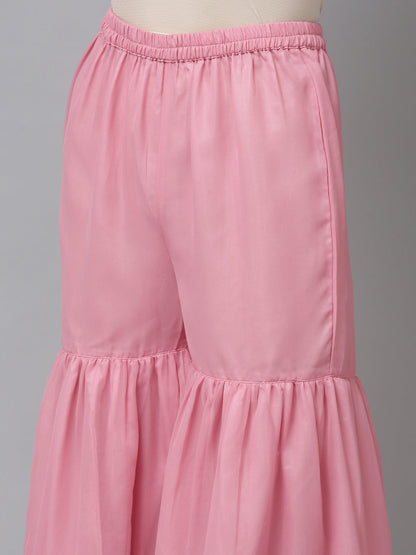 Women's Pink Embroidered Kurta With Sharara With Dupatta