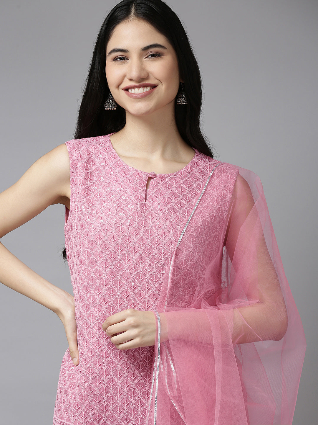 Women's Pink Embroidered Kurta With Sharara With Dupatta