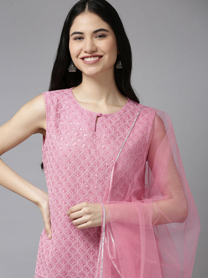 Women's Pink Embroidered Kurta With Sharara With Dupatta