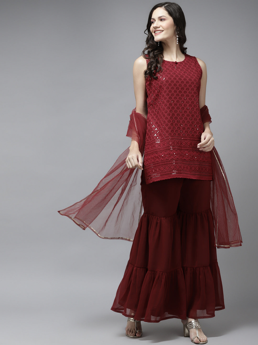 Women's Maroon Embroidered Kurta With Sharara With Dupatta
