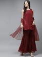 Women's Maroon Embroidered Kurta With Sharara With Dupatta