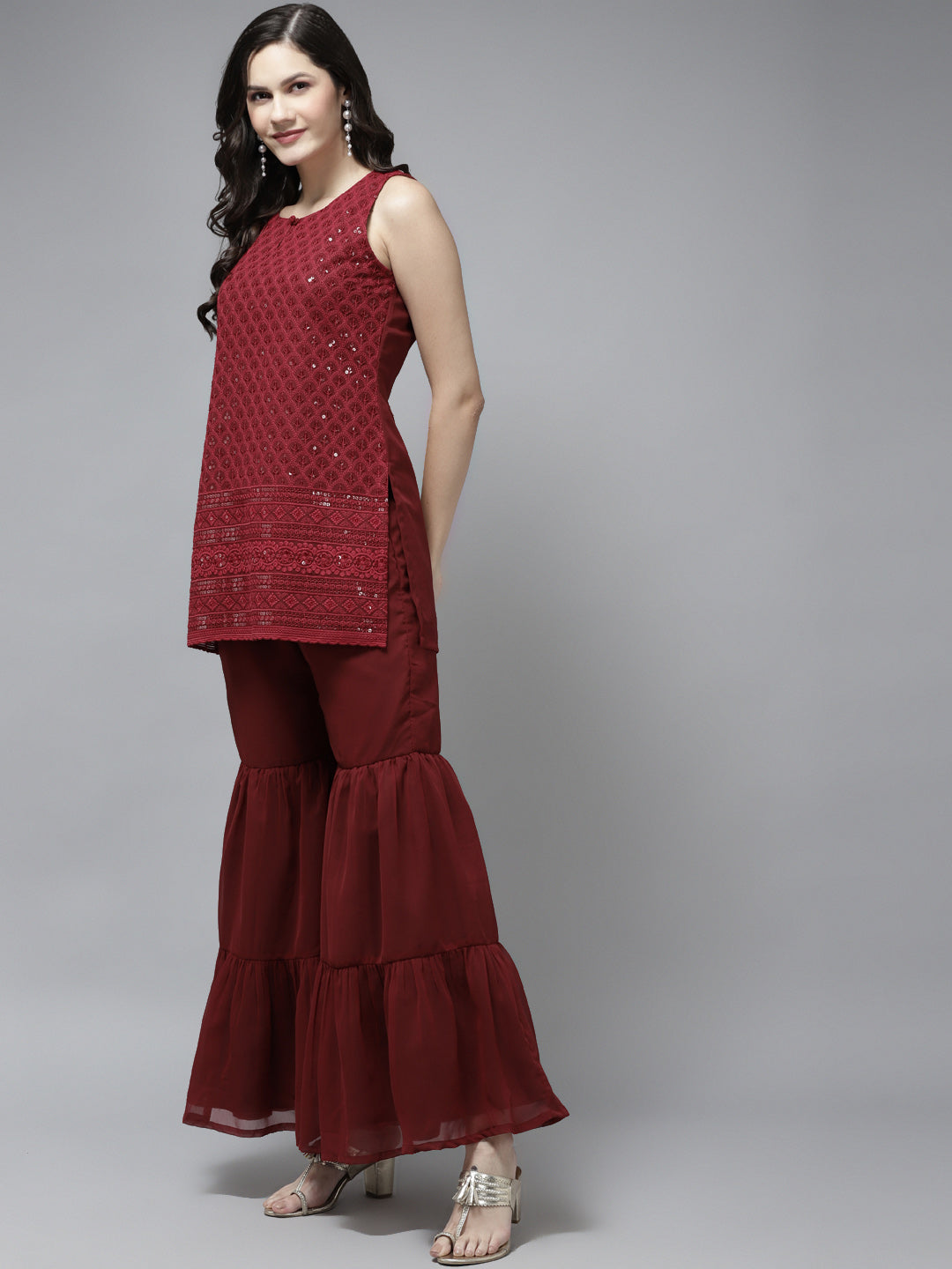 Women's Maroon Embroidered Kurta With Sharara With Dupatta