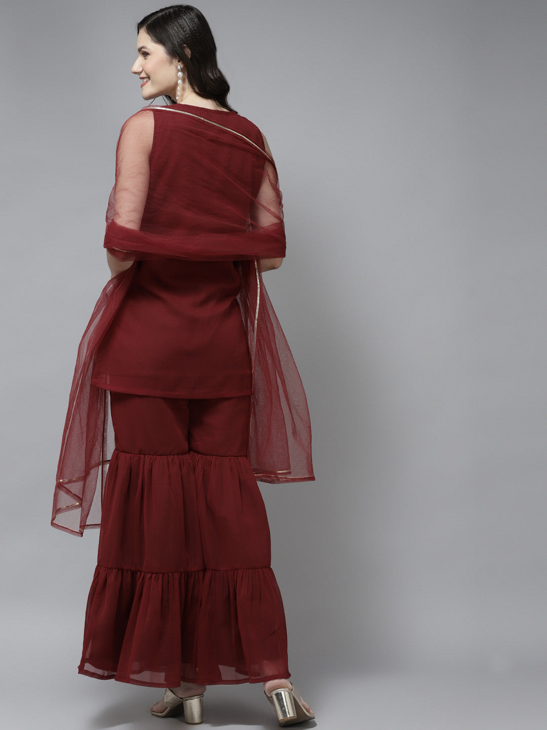 Women's Maroon Embroidered Kurta With Sharara With Dupatta