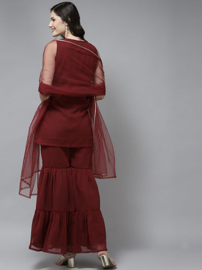 Women's Maroon Embroidered Kurta With Sharara With Dupatta
