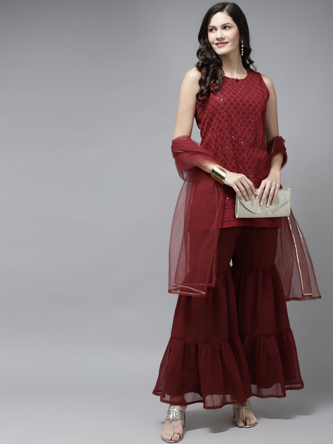Women's Maroon Embroidered Kurta With Sharara With Dupatta