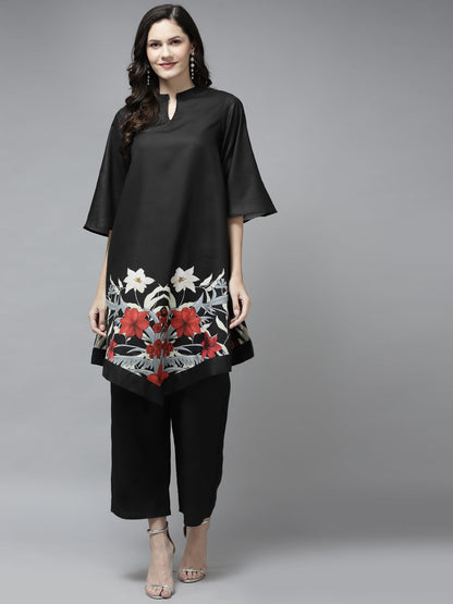 Women's Black Floral Printed Kurta With Palazzos