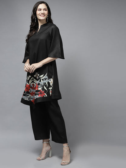 Women's Black Floral Printed Kurta With Palazzos