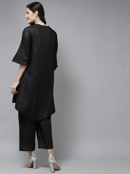 Women's Black Floral Printed Kurta With Palazzos