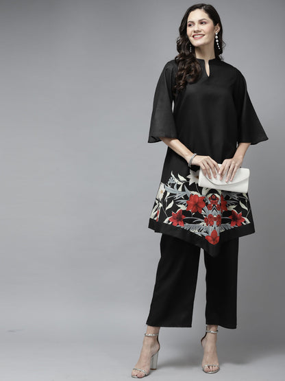 Women's Black Floral Printed Kurta With Palazzos