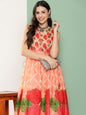 Women's Peach Chanderi Floral Printed Mid Open Kurta With Skirt