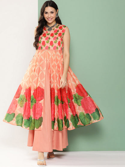 Women's Peach Chanderi Floral Printed Mid Open Kurta With Skirt