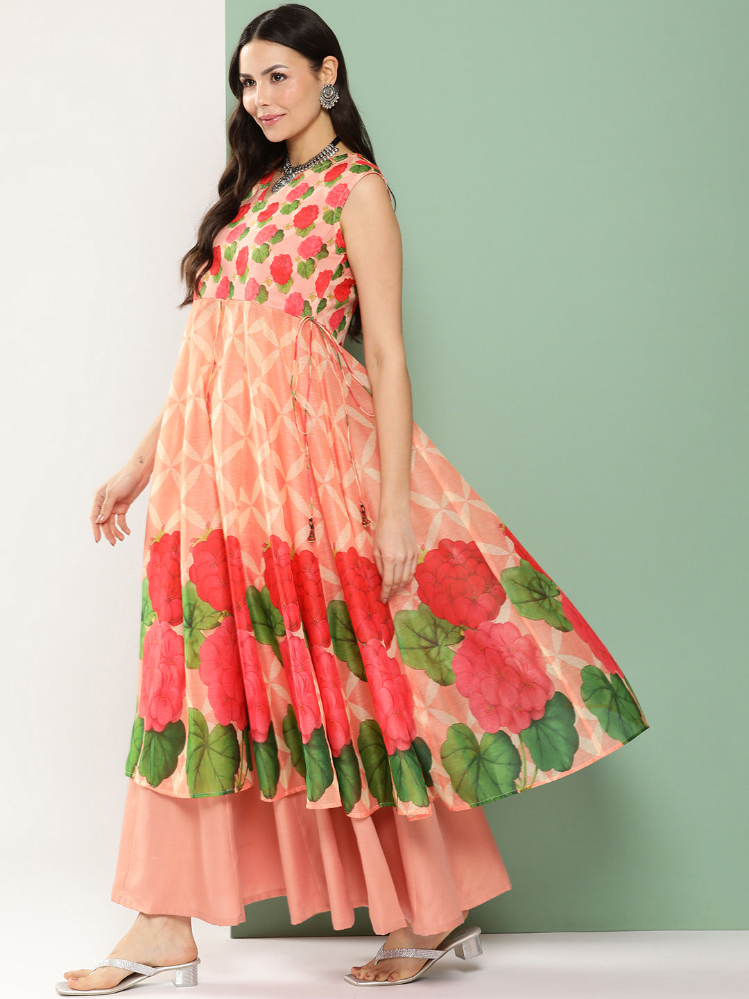 Women's Peach Chanderi Floral Printed Mid Open Kurta With Skirt