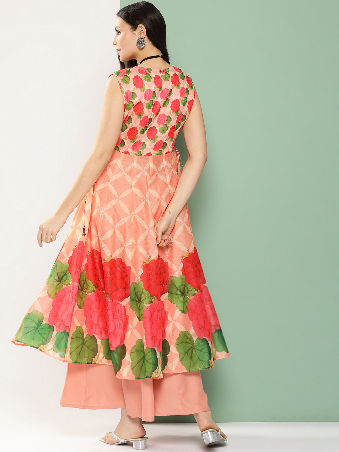 Women's Peach Chanderi Floral Printed Mid Open Kurta With Skirt