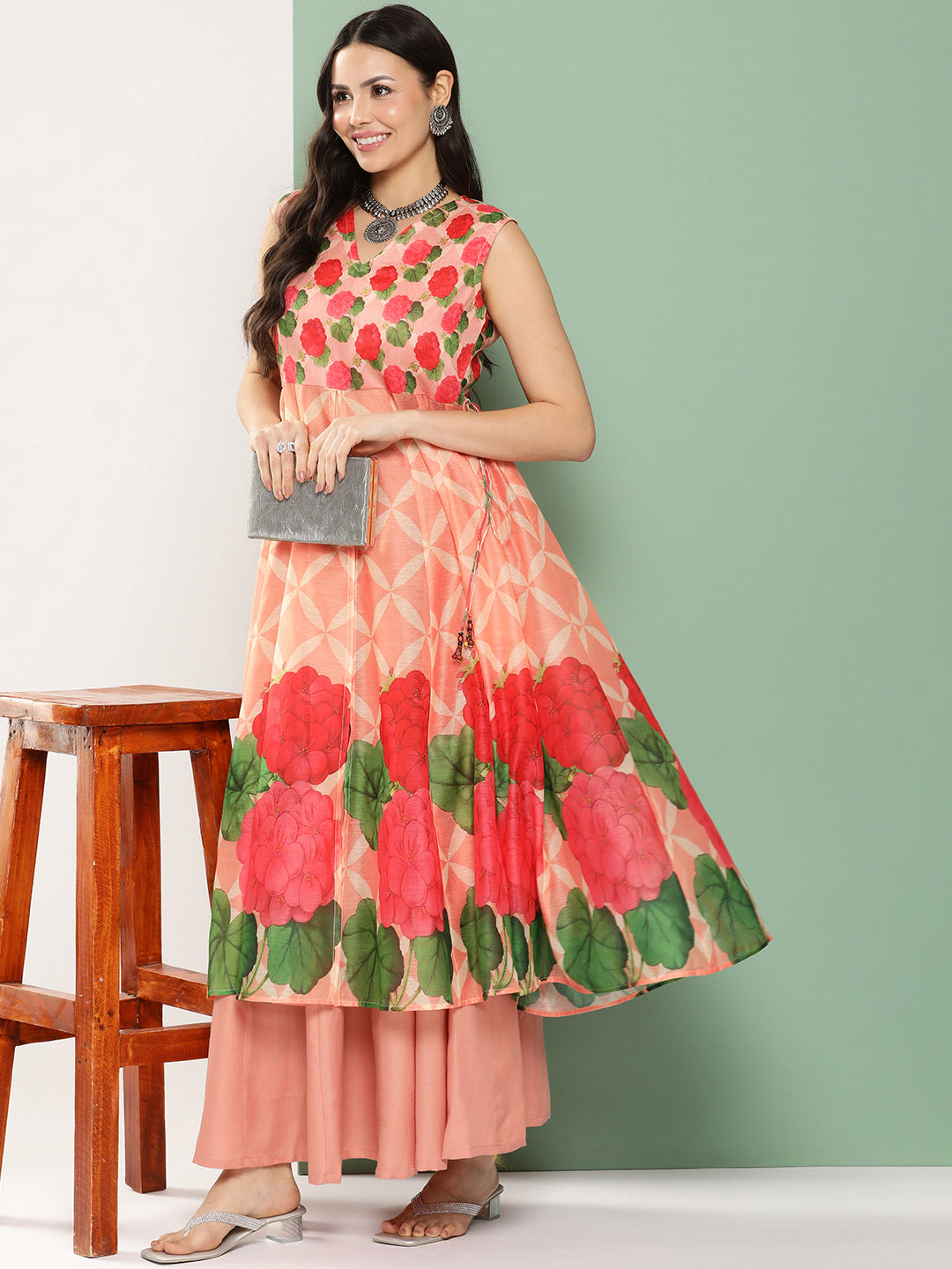 Women's Peach Chanderi Floral Printed Mid Open Kurta With Skirt