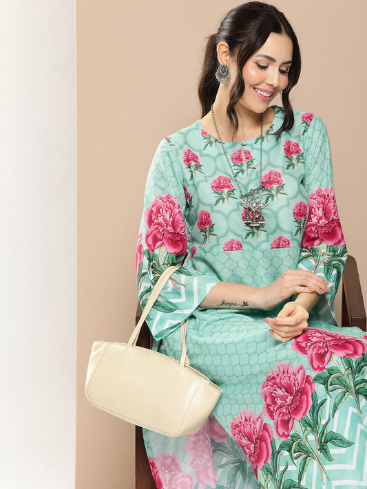 Women's Blue Floral Printed A-Line Kurta With Palazzos