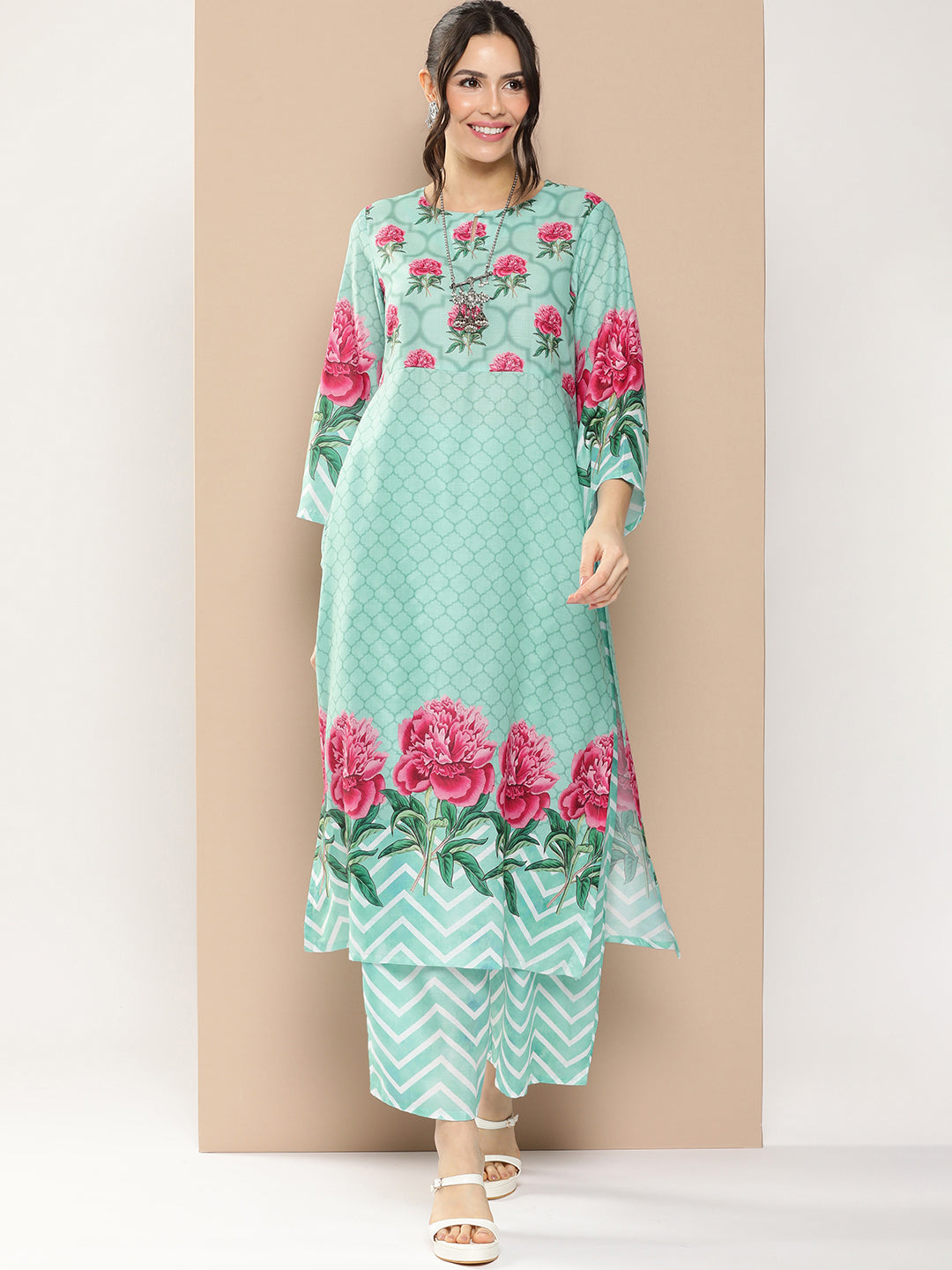Women's Blue Floral Printed A-Line Kurta With Palazzos