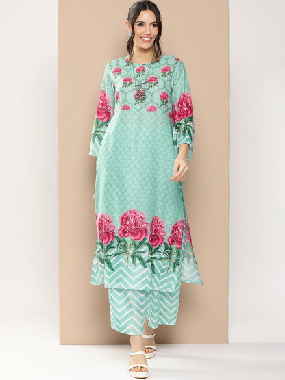 Women's Blue Floral Printed A-Line Kurta With Palazzos