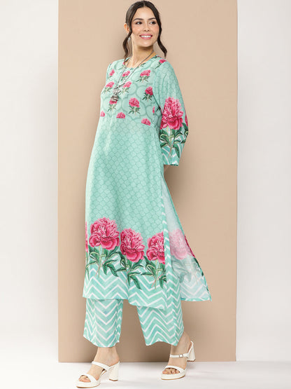 Women's Blue Floral Printed A-Line Kurta With Palazzos