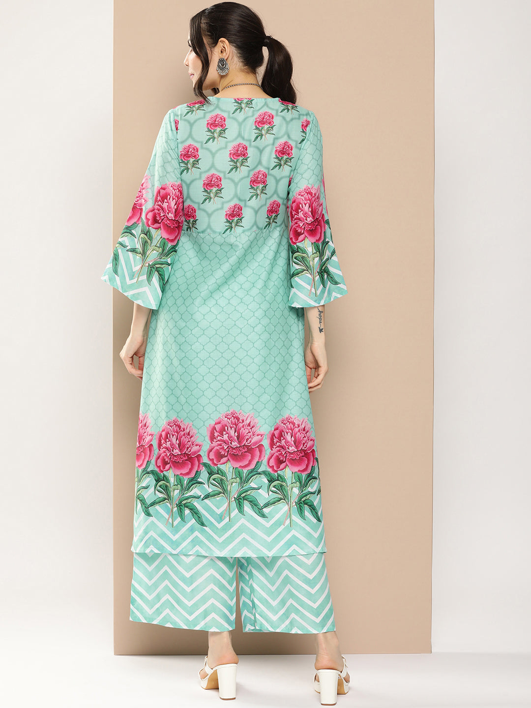 Women's Blue Floral Printed A-Line Kurta With Palazzos