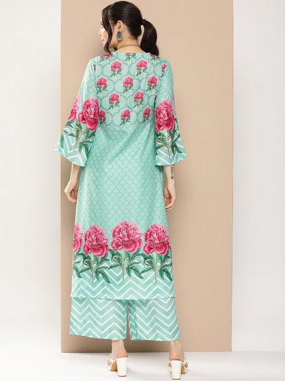 Women's Blue Floral Printed A-Line Kurta With Palazzos