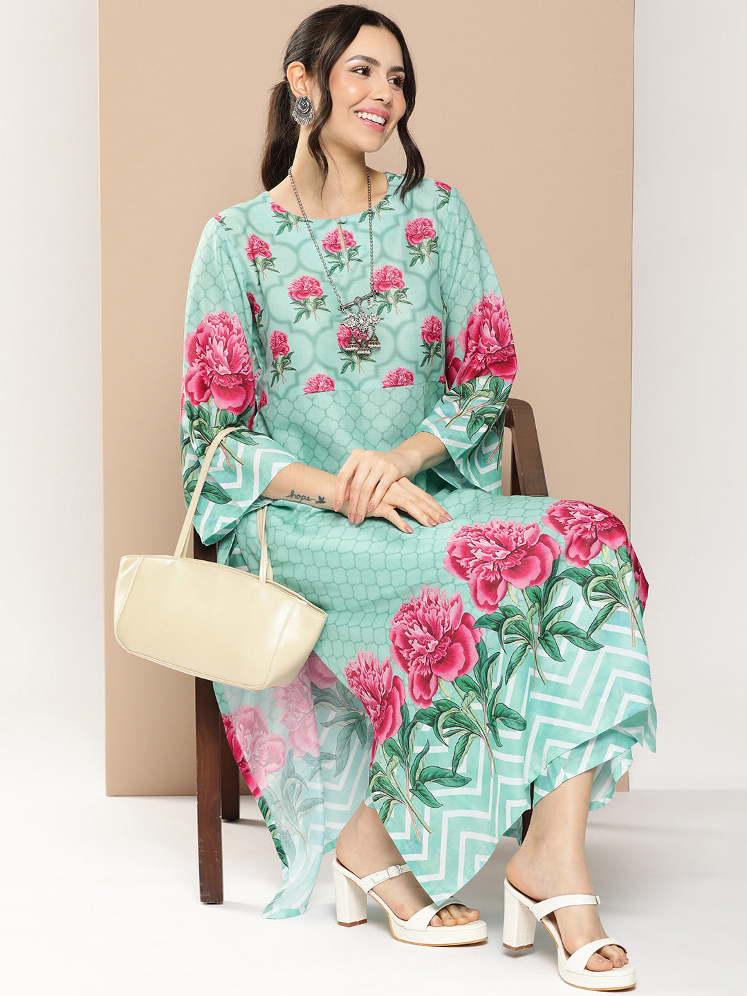 Women's Blue Floral Printed A-Line Kurta With Palazzos