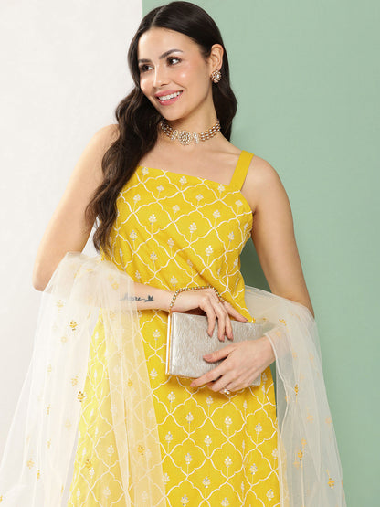 Women's Yellow Embroidered Shoulder Straps Kurta & Sharara With Dupatta