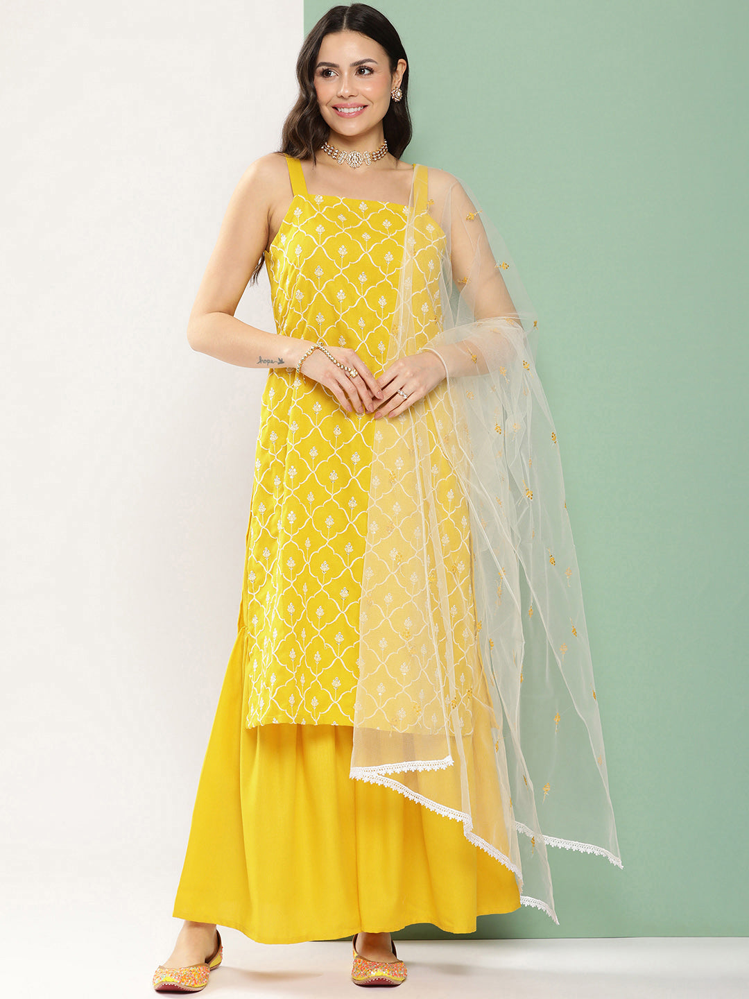 Women's Yellow Embroidered Shoulder Straps Kurta & Sharara With Dupatta