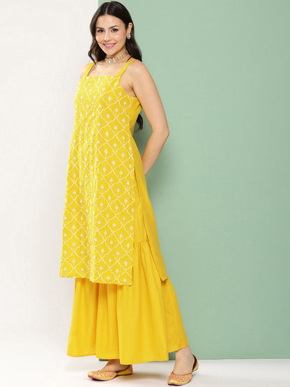 Women's Yellow Embroidered Shoulder Straps Kurta & Sharara With Dupatta
