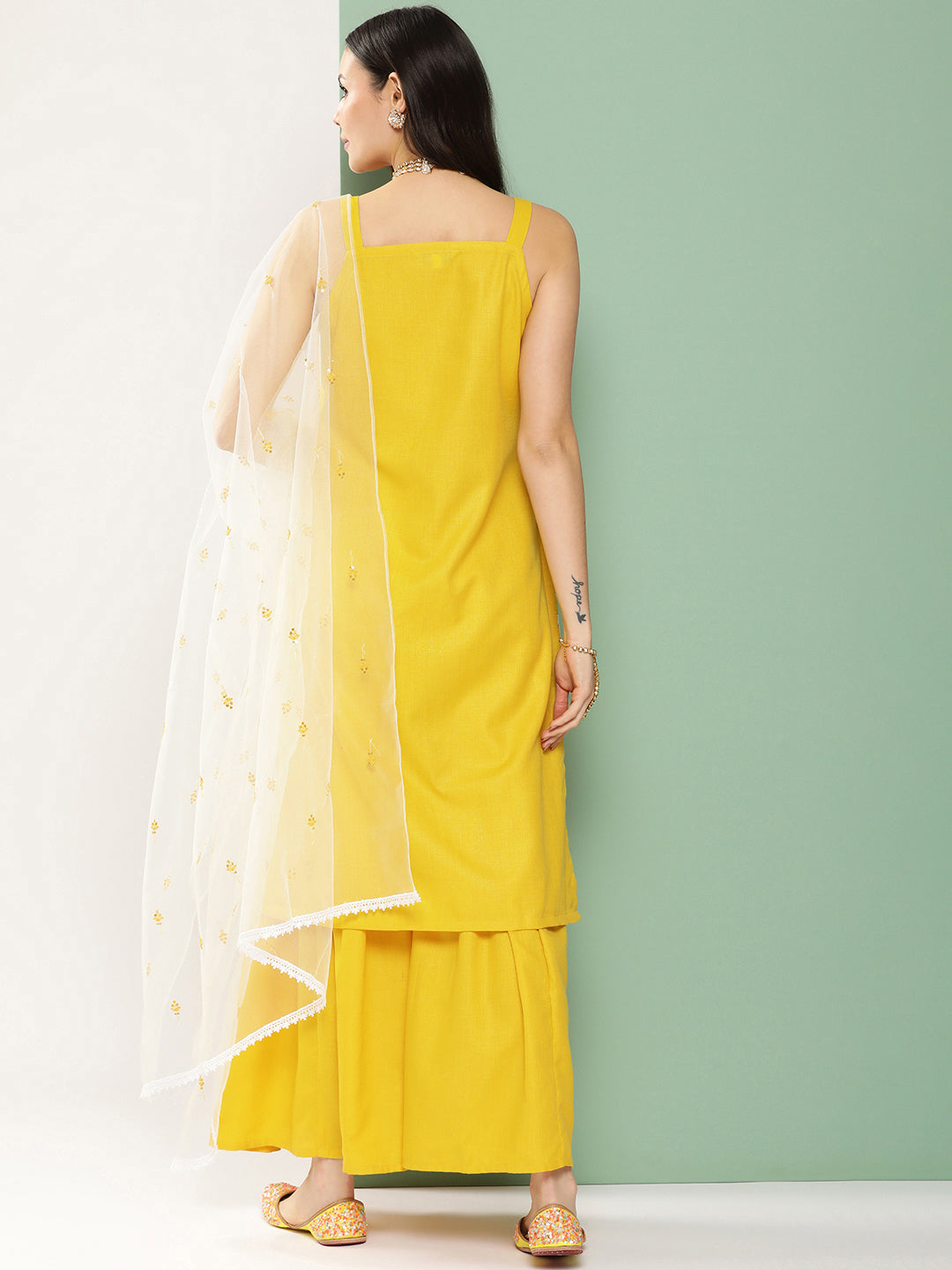 Women's Yellow Embroidered Shoulder Straps Kurta & Sharara With Dupatta