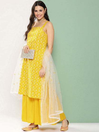 Women's Yellow Embroidered Shoulder Straps Kurta & Sharara With Dupatta