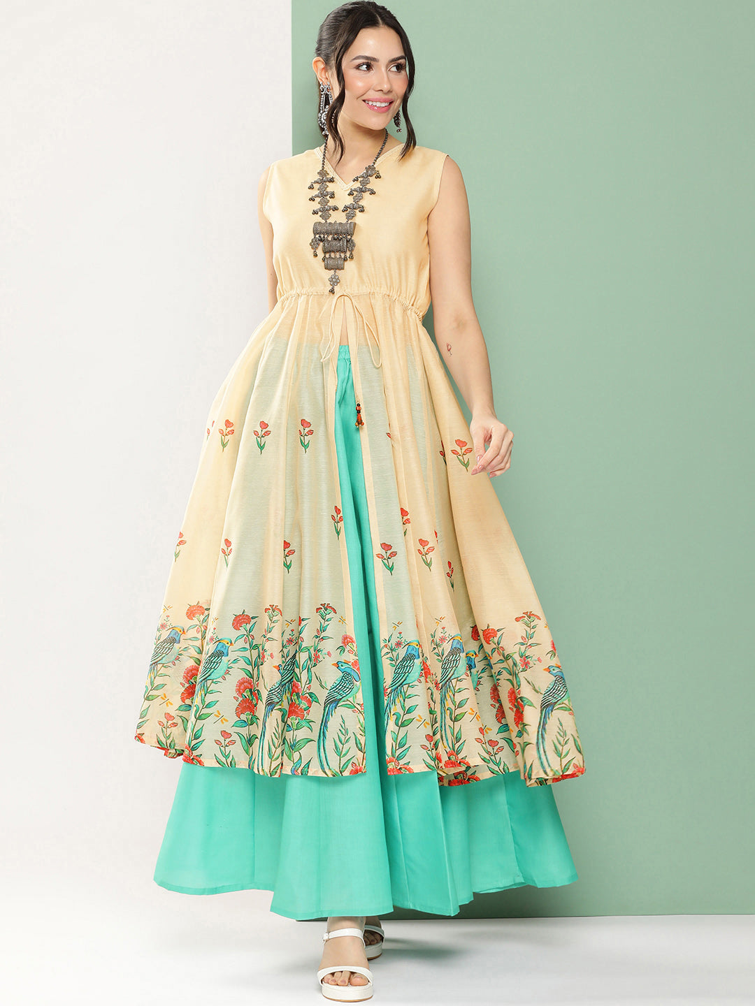 Women's Beige Chanderi Bird Floral Printed Mid Open Kurta With Skirt
