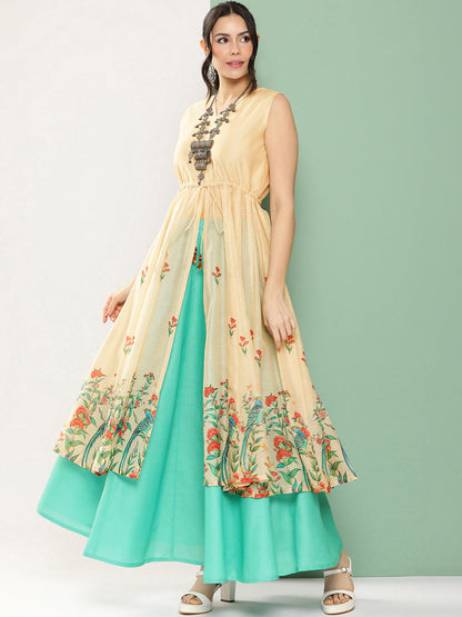 Women's Beige Chanderi Bird Floral Printed Mid Open Kurta With Skirt