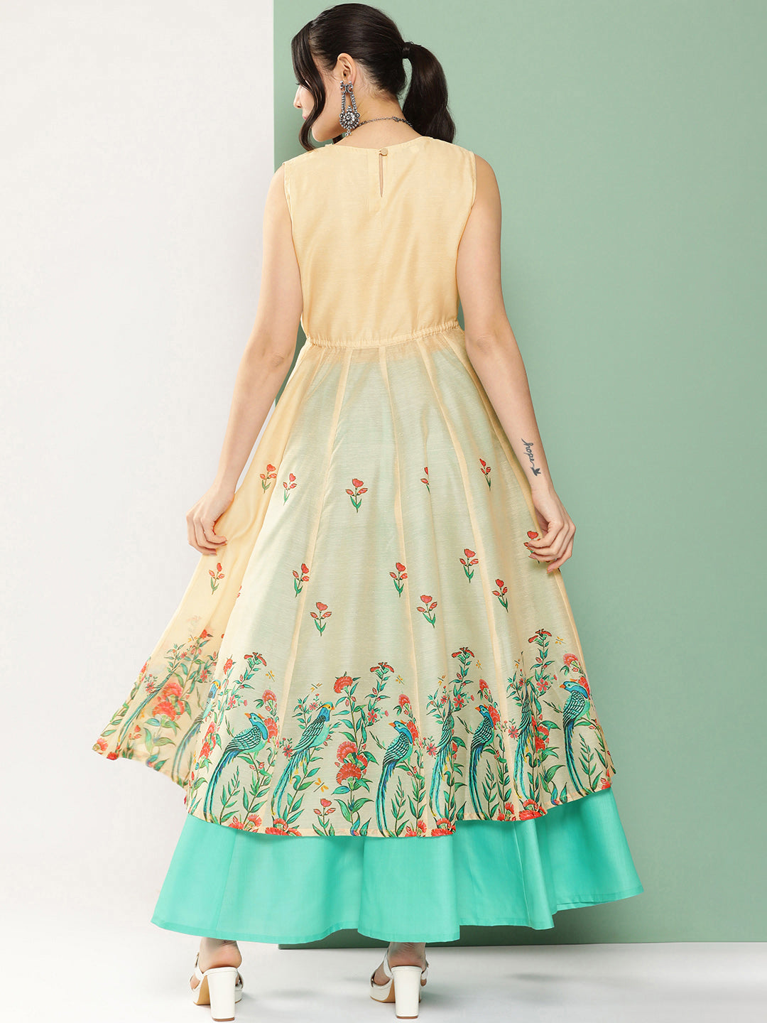 Women's Beige Chanderi Bird Floral Printed Mid Open Kurta With Skirt