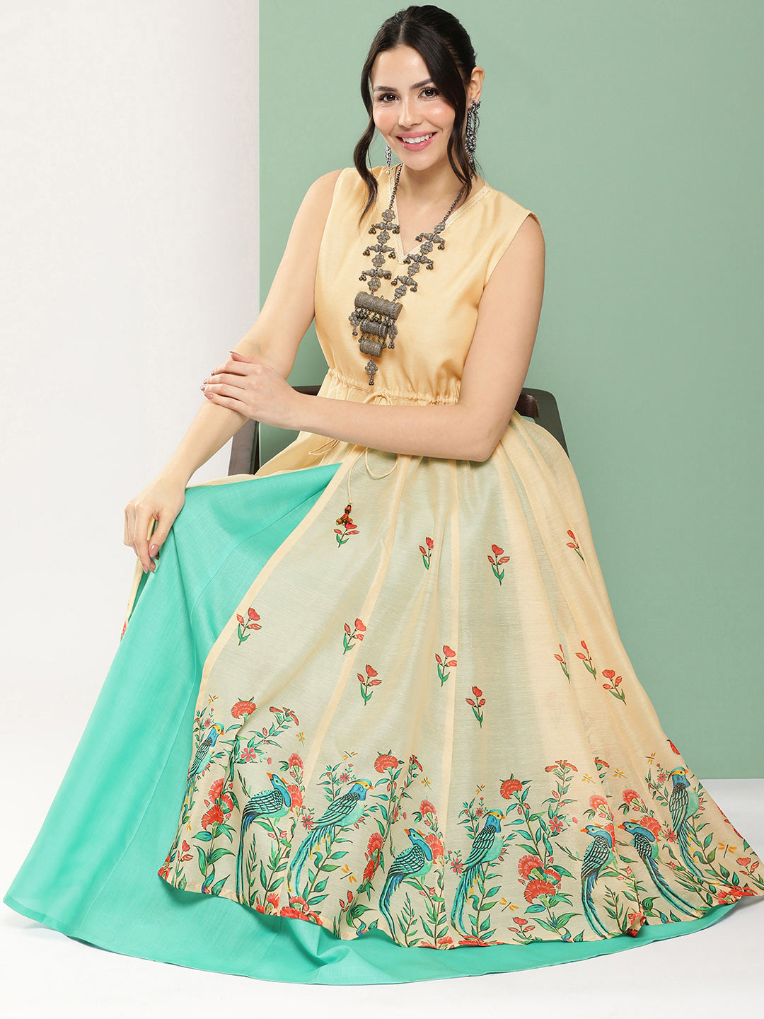 Women's Beige Chanderi Bird Floral Printed Mid Open Kurta With Skirt