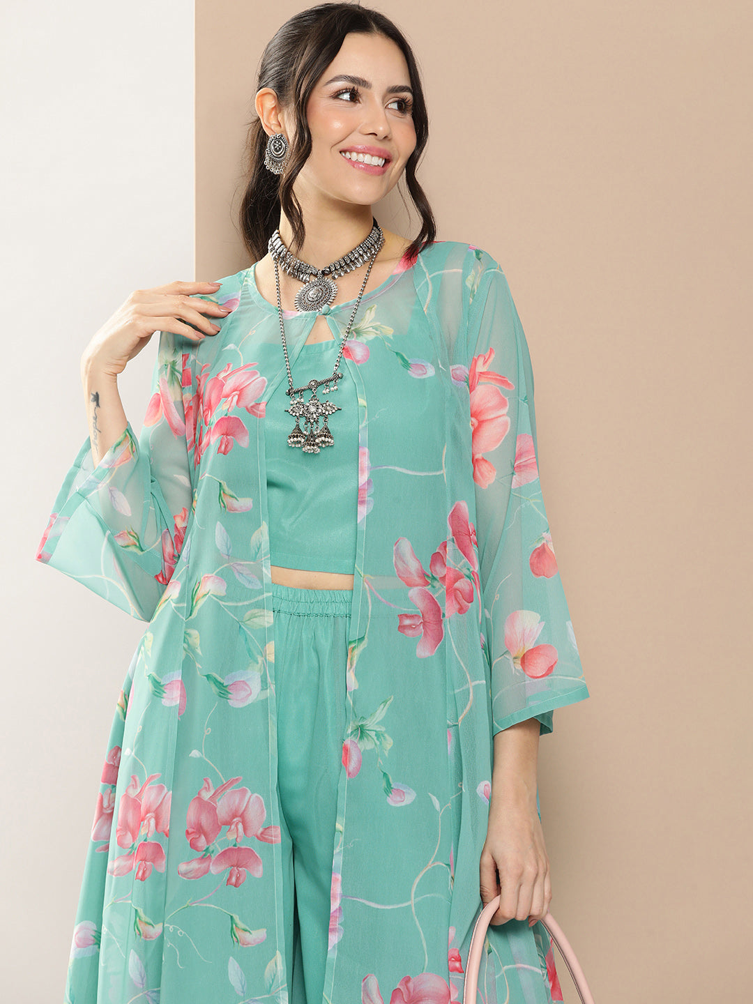 Women's Blue Floral Print Cape & Inner Plain Short Spaghetti With Flared Palazzos
