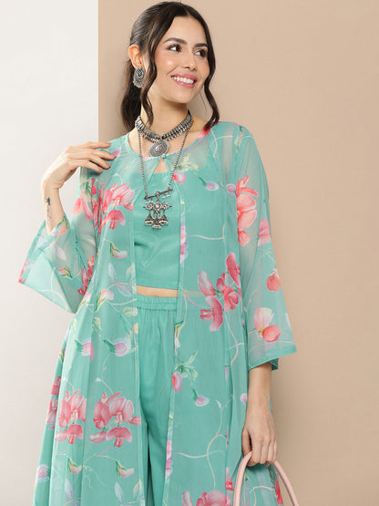 Women's Blue Floral Print Cape & Inner Plain Short Spaghetti With Flared Palazzos
